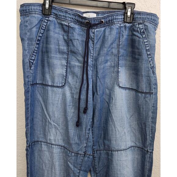Lou & Grey Blue Chambray Drawstring Waist Ankle Pants Large Elastic Cuffed Hem - Picture 2 of 6